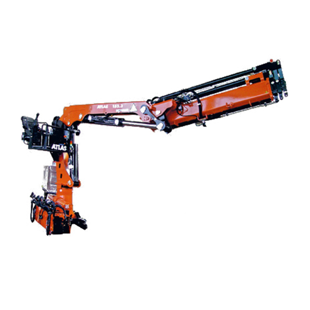 An orange Atlas hydraulic crane arm. Keywords: construction equipment uae, heavy equipment, heavy equipment uae, heavy machinery, heavy equipment movers, construction equipment companies.