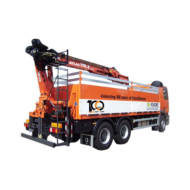 An orange Atlas 170.2 crane truck, celebrating 100 years of excellence. Explore Atlas crane models and find your Atlas crane for sale.