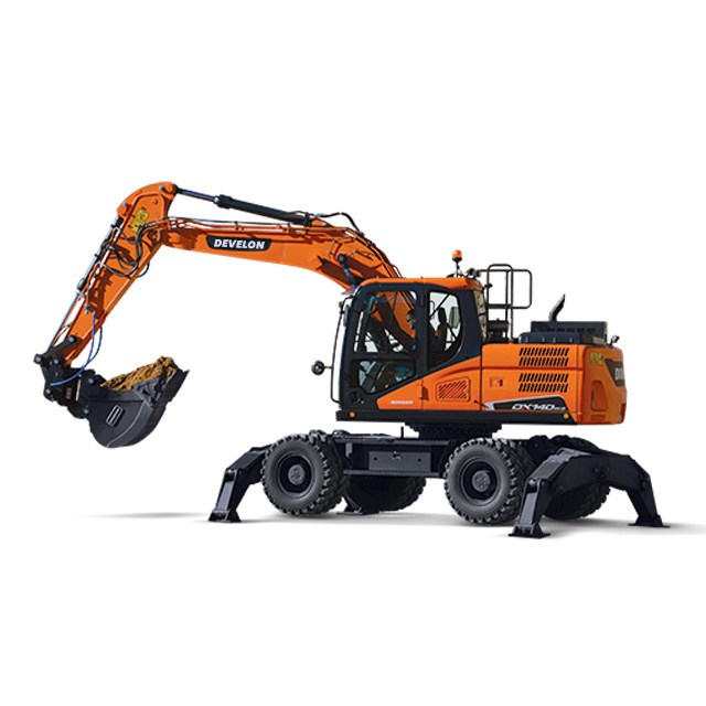 A striking orange Develon wheel excavator, model DX140W, featuring outriggers for stability. This versatile Develon equipment from Doosan Develon is a perfect companion to the Develon crawler excavator.