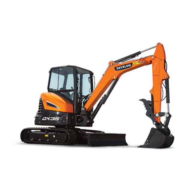 A compact Develon mini excavator (DX35), a versatile piece of Develon equipment from Doosan Develon. Develon Doosan offers Develon wheel loader, Develon crawler excavator, and Develon wheel excavator models.
